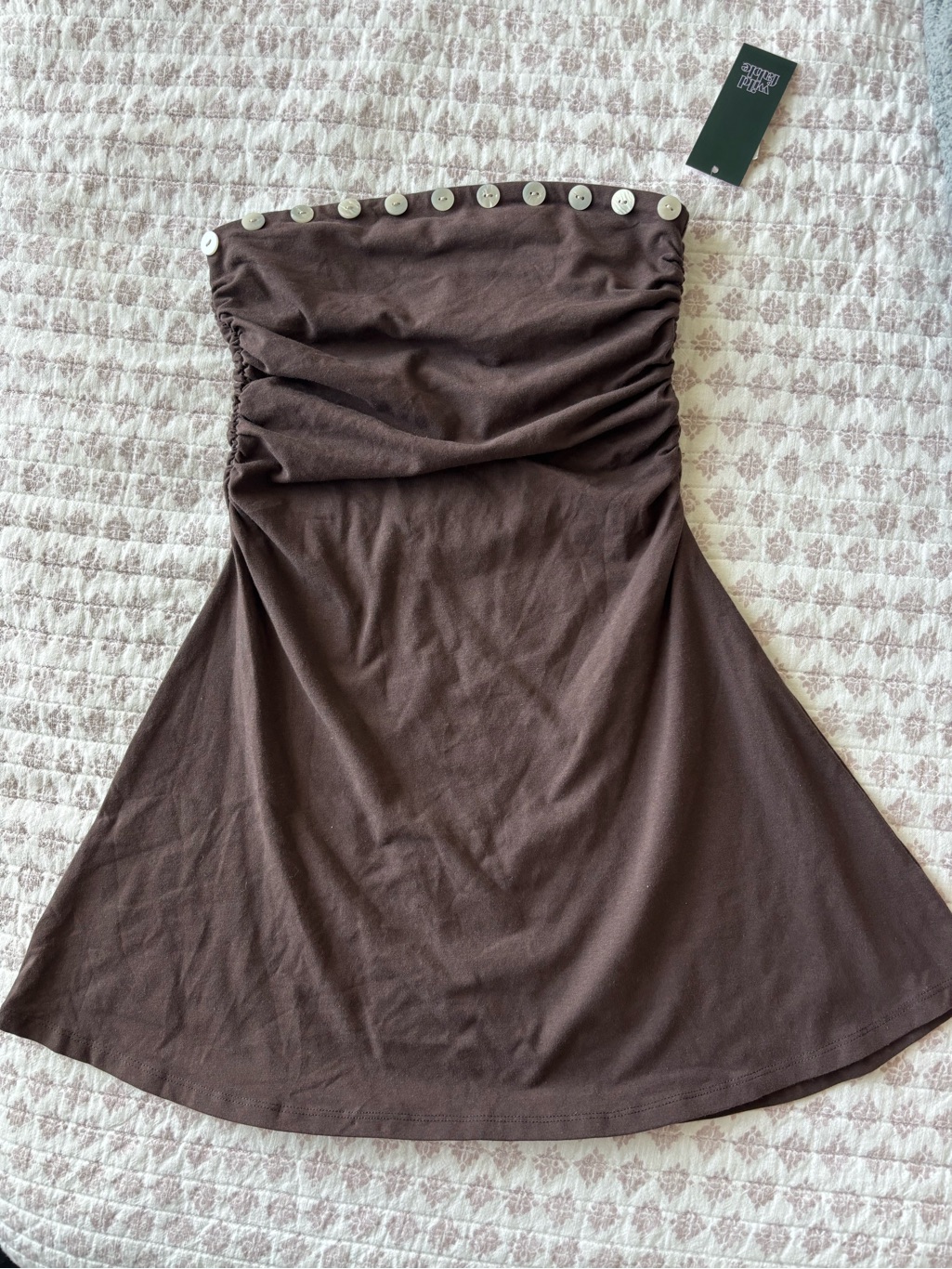 Strapless Brown Dress With Button Trim